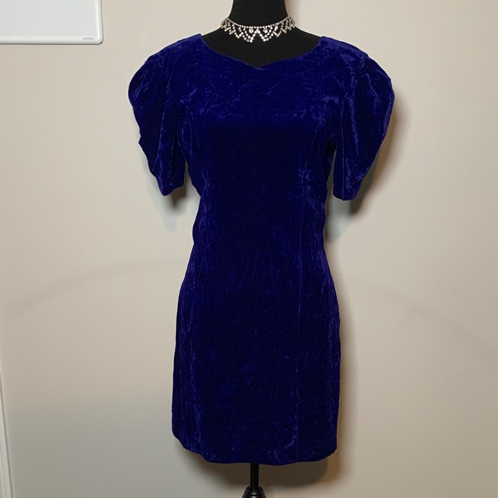 Vintage Royal Blue Velvet Dress | Puff Sleeve Bodycon Cocktail Dress